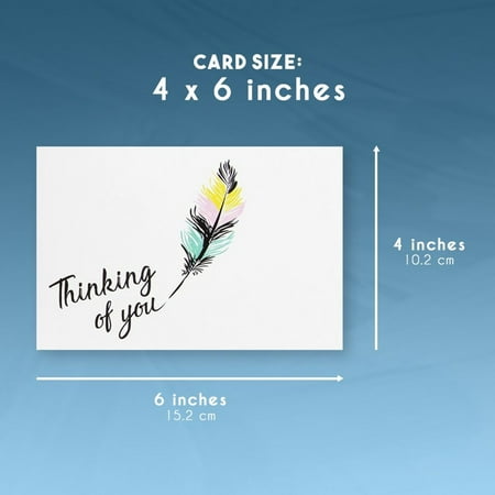 4 x 6 Inches Includes 48 Greeting Cards and Envelopes 48-Pack Thinking of You Note Cards Blank on the Inside Colorful Feather Design